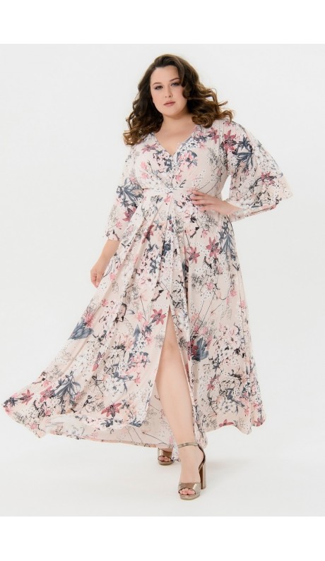 Миланса платье в пол пудровое с цветочным принтом в наличии