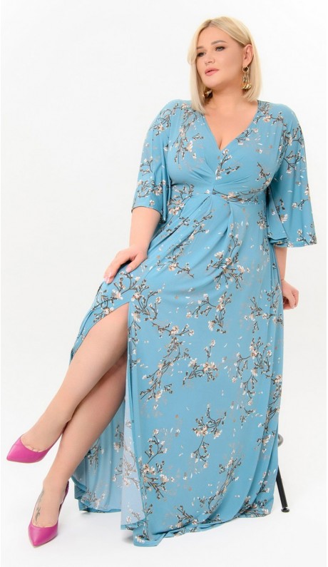 Миланса платье в пол бирюзовое с цветочным принтом