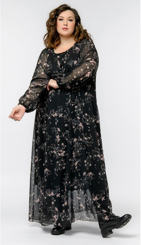 Рикарда платье в пол черное принт "пудровые цветы"