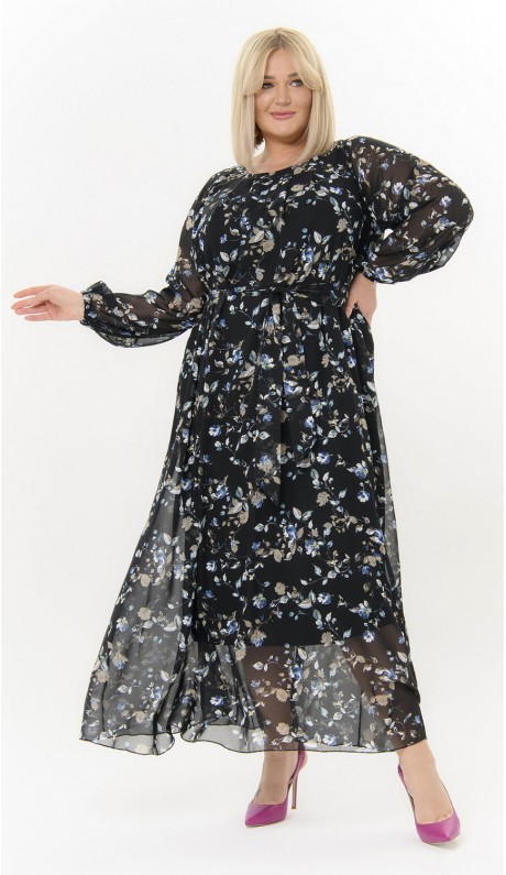 Рикарда платье в пол черное принт "бирюзовые цветы"