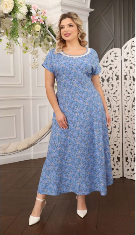 Феола платье в пол голубое с цветочным принтом